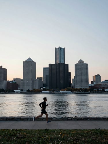 Wide environmental shot of a runner training along the Detroit riverfront skyline at dawn, cool overcast daylight, minimalist and clean.