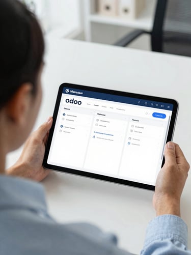Over the shoulder shot of a business owner in Makassar reviewing a clean Odoo dashboard on a tablet, bright natural office lighting, professional cool tones, 35mm lens
