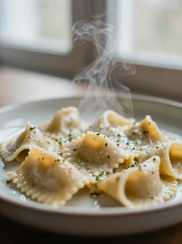 Macro close-up of steam rising from a freshly plated handmade pasta dish, soft natural window light, rustic ceramic plate.