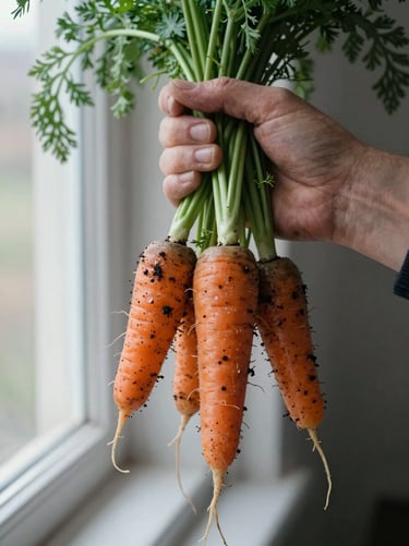 Close-up of weathered hands holding a bunch of freshly harvested heirloom carrots with damp soil clinging to the roots, natural overcast daylight.