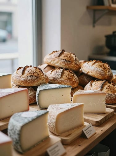 Soft daylight illuminating a wooden display of artisanal cheeses and freshly baked sourdough bread in a modern market.