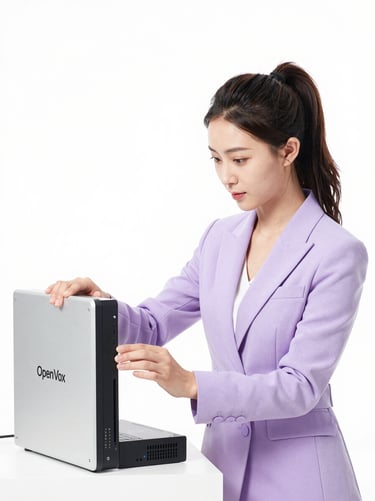 Bright studio photography of a pretty 25-year-old Chinese female engineer with untied hair wearing a light purple suit, setting up an OpenVox unified gateway device, high-key lighting, 50mm