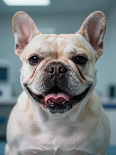 Macro portrait of a healthy French Bulldog breathing easily in a clinical setting with professional high-contrast blue lighting