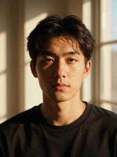 Artistic portrait with warm golden-hour light and high-contrast shadows, cinematic 35mm style