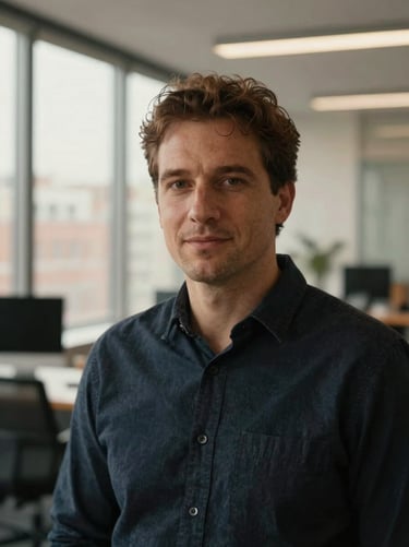 Professional headshot with soft window light, natural expression, modern Madrid office background