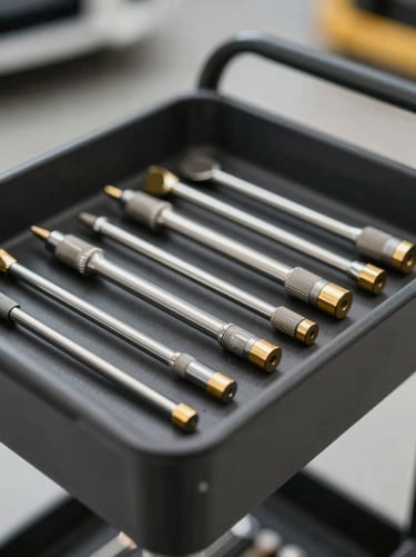 Selection of professional PDR (Paintless Dent Repair) rods and tools made of high-grade steel and gold-colored tips, neatly organized on a tool trolley. Powerful, professional setup. Lighting is sharp and clean.
