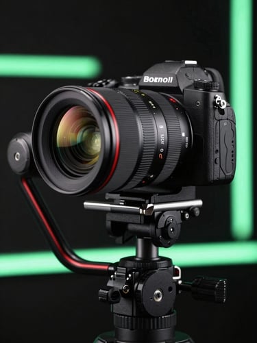 Close-up of a high-end camera lens on a gimbal, reflecting a dark studio with neon green lights. The composition is clean and technical, emphasizing precision and conversion-focused production.