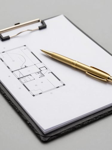 Close-up architectural shot of structured planning documentation on a dark slate clipboard, a gold mechanical pen resting on the page, crisp neutral studio lighting, high contrast.