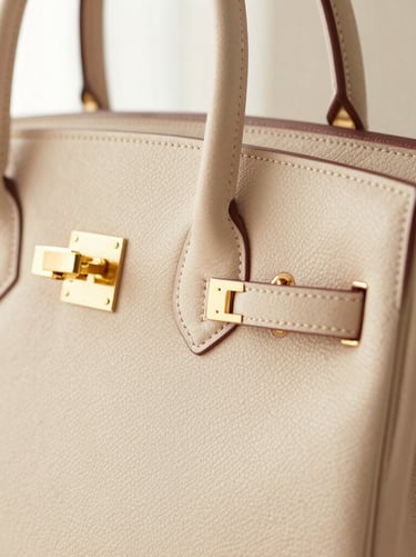 Close-up of a premium leather handbag showing detailed stitching and gold brass hardware, warm natural light, soft shadows, 35mm
