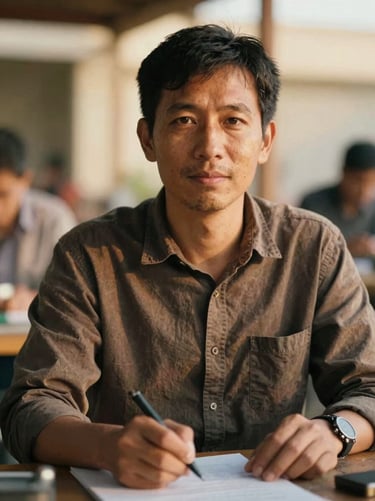A respectful close-up portrait of a program director working hands-on, natural golden-hour daylight, authentic human subject