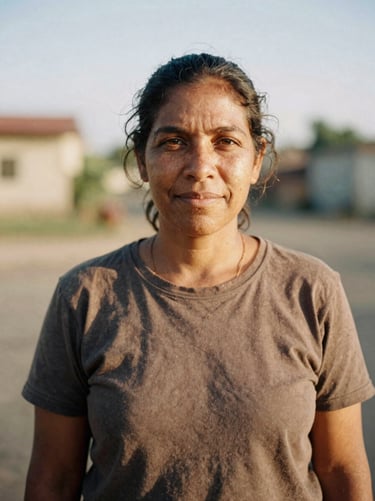 A respectful medium portrait of a community organizer looking directly at the camera, natural warm daylight, 35mm film look