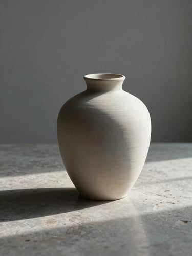 Minimalist ceramic vessel on a polished stone surface, casting a long soft shadow, cool gray background.