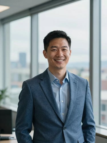 Professional portrait of a male insurance advisor in a slate blue blazer, warm smile, soft natural window light, Seattle office setting, 35mm lens.