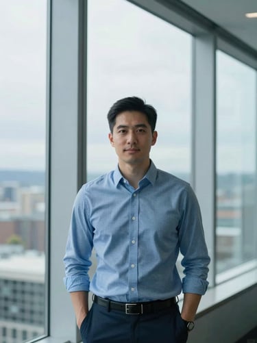Professional portrait of a male risk analyst, neutral expression, soft overcast daylight through large windows, cool slate blue tones, 35mm lens.