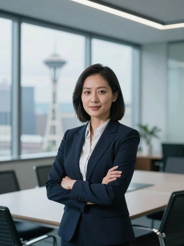 Professional portrait of a female insurance advisor, confident expression, cool morning daylight, modern Seattle boardroom background, 35mm lens.