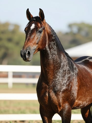 Close three-quarter front profile of a bay Mangalarga Marchador stallion in natural morning light, neck set and shoulder angle clearly visible, farm gate in soft background focus, no handler present