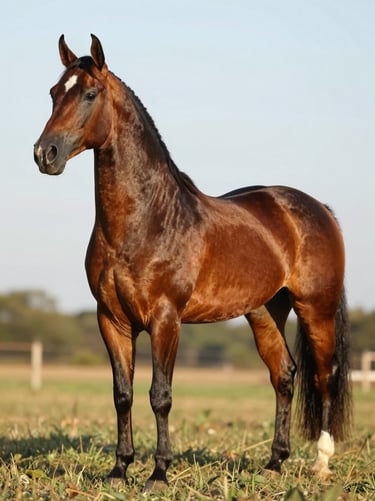 Full side profile of a dark chestnut Mangalarga Marchador stallion in golden late-afternoon light, hindquarters and tail carriage in sharp focus, open pasture behind, no riders or handlers