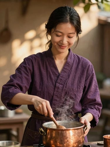 Medium portrait of a young artisan woman stirring a copper pot outdoors, smiling warmly, dappled sunlight filtering through leaves, warm editorial