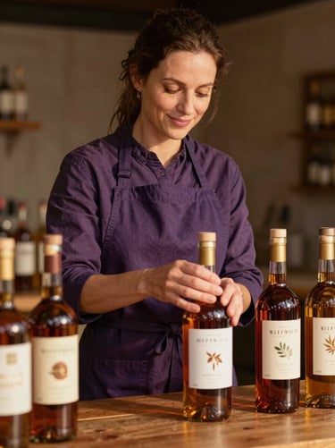Medium portrait of a woman in an apron labeling bottles of craft liqueur on a wooden table, warm golden light, authentic smile, warm editorial