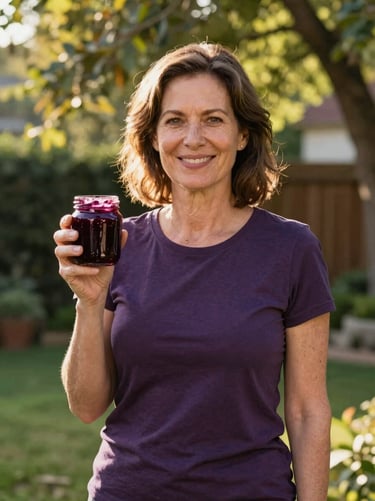 Medium portrait of a smiling woman in her 50s standing in a sunny backyard filled with green trees, holding a jar of dark purple jam, soft golden light, warm editorial
