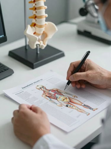 Close-up of a physician's hands reviewing anatomical reference materials on a clean desk, a skeletal model of a lumbar spine visible in the background slightly out of focus, neutral clinical lighting, no patient present, framed from slightly above to show the desk surface and materials clearly