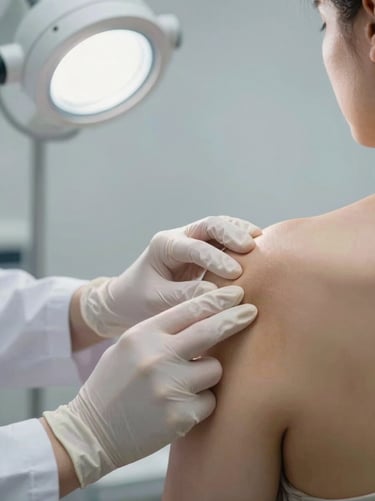 Hands of a clinician applying a therapeutic technique to a patient's shoulder joint area, close-up framing showing gloved hands and the treatment surface, clinical strobe lighting from the upper left, clean white draping visible, no patient face shown