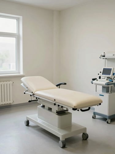 Wide environmental shot of a clinical examination room, neutral off-white walls, a padded treatment table centered in frame, medical equipment visible to the right third, north-facing daylight from a side window casting clean even light across the room floor, no people present