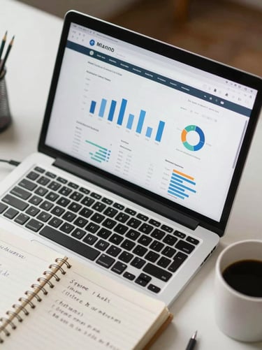 Close-up overhead shot of a desk with an open laptop displaying a website analytics dashboard, a notebook with handwritten notes, and a coffee mug, natural office light from above, clean editorial framing