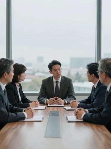 Professional consultants in a serious meeting around a wooden table, soft overcast daylight, muted desaturated blues, 35mm lens
