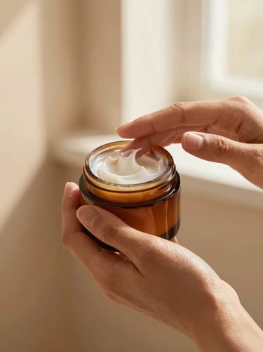 Hands applying a rich cream from an amber jar, soft shadows
