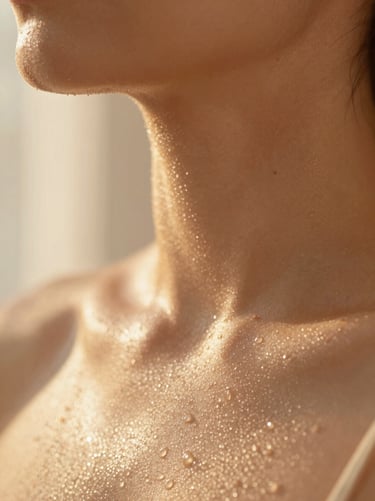 A close-up of textured, dewy skin with soft golden-hour light