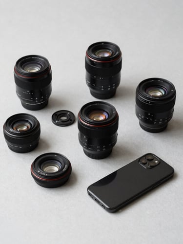 A collection of high-end accessories and tech gadgets arranged on a light gray surface, representing a professional Youtuber's gear. Clean, minimalist aesthetic with a Brazilian modern touch.