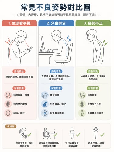 一張簡潔嘅資訊圖（infographic）或示意圖，顯示「低頭看手機」「久坐辦公」「姿勢不正」等幾個常見不良姿勢嘅對比圖示，可用簡單線條人物呈現。