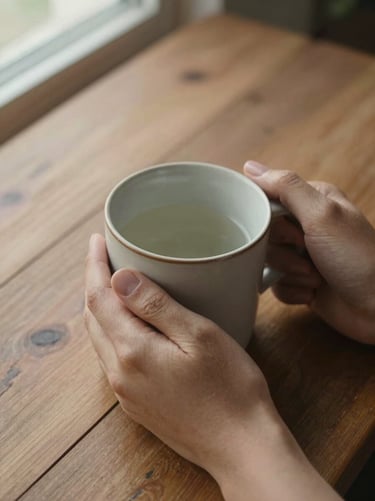 Close-up top-down shot of hands holding a warm ceramic mug on a rustic wooden table. Soft, diffused morning light filtering through a window, creating gentle shadows. Calm, quiet atmosphere.