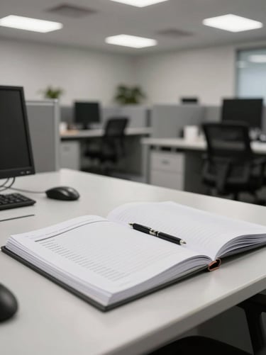Wide shot of an organized corporate office workspace under uniform fluorescent daylight, an open compliance binder resting on a clean desk, no people present, functional and precise atmosphere