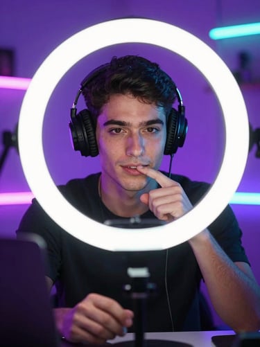 Tight close-up of a charismatic creator interacting with live stream comments, vibrant purple ambient light, glowing screen reflection.