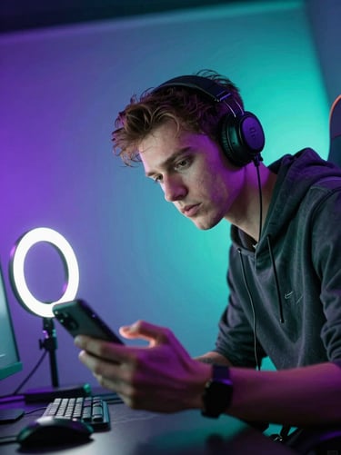 Dynamic Dutch-angle shot of a male gaming creator streaming live, neon teal backlighting, intense focus, first-person phone perspective.
