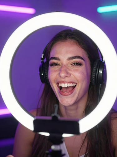Dynamic close-up of a high-energy female creator mid-broadcast, laughing, ring-light reflection in her eyes, neon purple ambient glow, 35mm lens.
