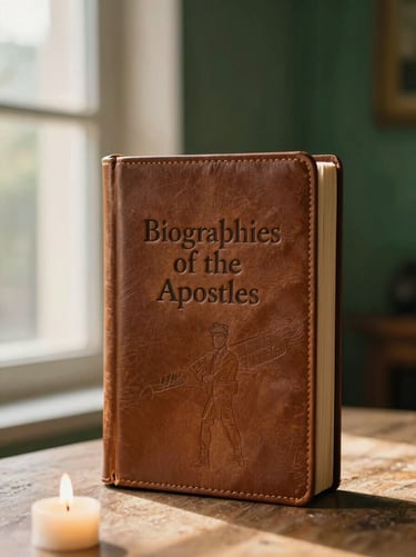 Portrait of a brown leather book titled Biographies of the Apostles, embossed detailing, soft candlelight illumination.
