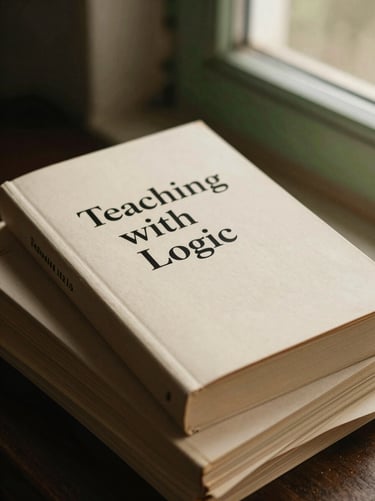 Portrait of a cream-colored softcover book titled Teaching with Logic, minimal black typography, resting on a stack of parchment.