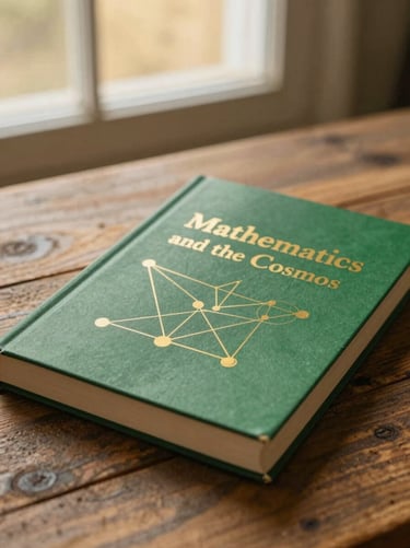 Portrait of a green textbook titled Mathematics and the Cosmos, clean geometric gold diagrams on the cover, resting on a rustic wooden table.