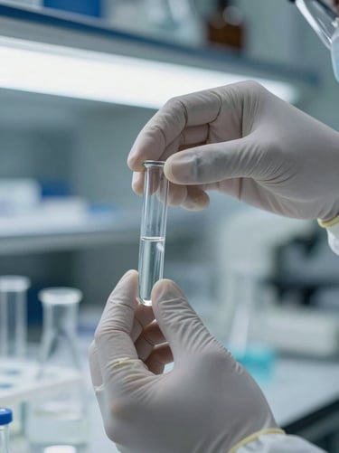 Clean cool laboratory illumination, macro shot of hands in sterile field gear handling water samples in glass vials, sharp focus, scientific precision.