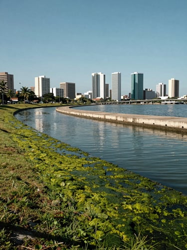 Wide landscape of an Alagoas lagoon meeting modern urban infrastructure, clear bright daylight, deep moss green water contrasting with concrete.
