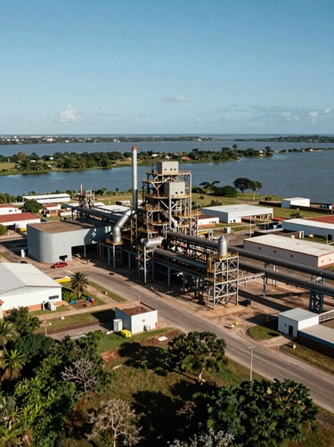 Wide shot of a structured industrial site in Northeast Brazil perfectly integrated with the surrounding estuarine environment, high-contrast natural daylight, sharp shadows.