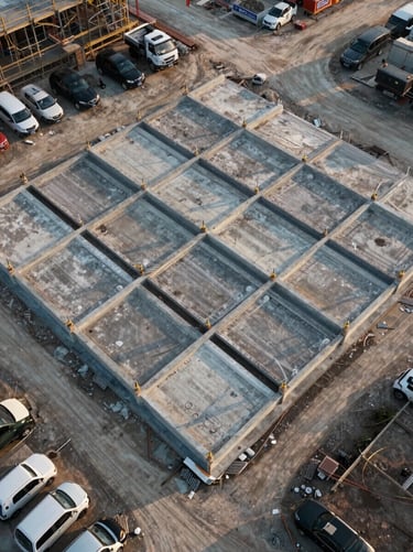 Overhead drone perspective of a construction site at dawn, concrete foundations laid in geometric grid pattern, site vehicles parked at perimeter, long shadows stretching across the ground, no workers visible, documentary stillness