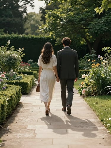 A cinematic shot from behind of a couple walking away into a lush green garden of a North American / European estate. The soft cream stone paths reflect the afternoon sun. Minimalist and timeless.