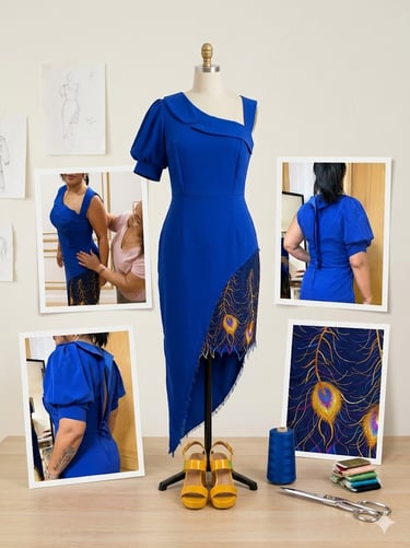 Royal blue cocktail dress on a mannequin featuring peacock feather embroidery and asymmetric hem.