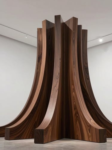 A low-angle architectural shot of a tall, floor-mounted wooden installation with flowing parametric curves, standing in a brightly lit modern gallery space. The wood is deep charcoal-toned walnut, contrasting with the minimalist white and light gray background.
