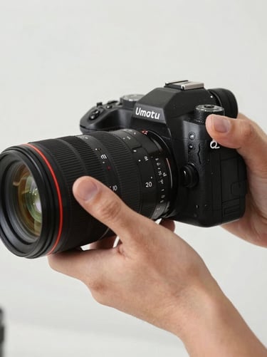 A detailed close-up of a professional photographer's hands working with a high-end camera. Bright, even lighting and a clean, minimalist studio background. International / Professional.