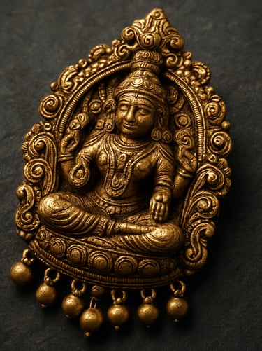 Close macro shot of an antique-finish temple jewellery pendant — a south Indian deity motif in high-relief gold, resting on a dark neutral stone surface, single soft diffused studio light from above-left highlighting the raised detailing and granulation, no hands or model